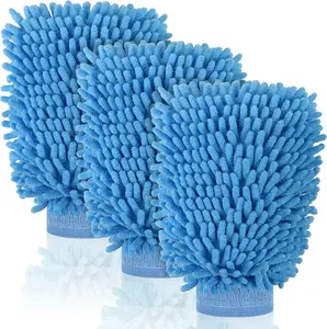 3 Pack Chenille Microfiber Car Wash Mitt, 7" x 9.6" Car Washing Mitts, Home Dusting Gloves, Scratch Free Lint-Free, Highly Absorbent, Double Sided, for Cleaning Detailing Polish (Blue)
