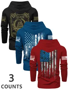 Men's Flag Series Print Hooded Long Sleeve T-Shirt, Fall & Winter Outdoor Casual Fitted Top, 3 Pack Set, Casual Outdoor Pullover, Casual Streetwear Sweatshirt