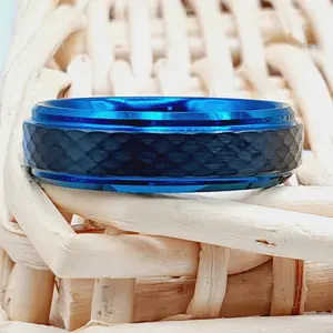 Blue Tungsten Ring for Men - Wedding Anniversary Ring with Hammered Finish