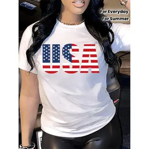 Women'S Casual T-Shirt with USA Flag Design - Short Sleeve Crew Neck, Machine Washable, Ideal for Spring/Summer, Everyday American Graphic Tee