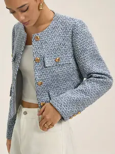 Elegant Women's Commuter Plaid Blazer Jacket, Single Button Front Design, Round Neckline, Perfect for Office Wear & Daily, Casual