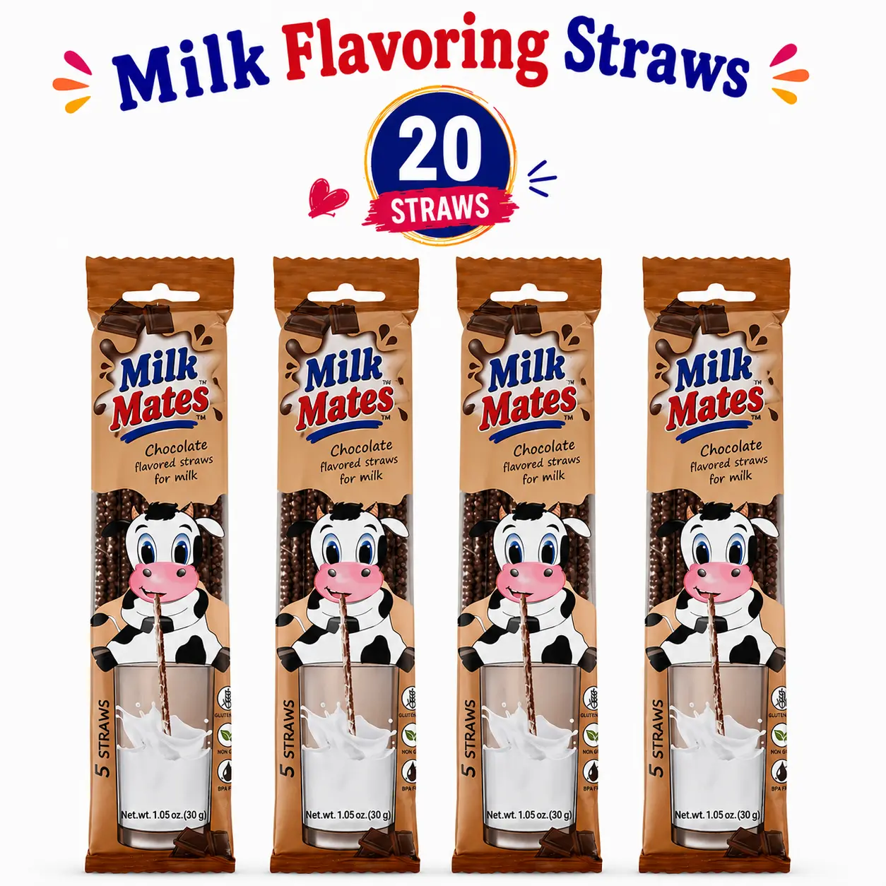 20 Milky Sip Chocolate Mild Flavored Straws For 7oz Milk - 4 Packs of Milk Flavoring Straws, 5 Straws in Each. Magical Chocolate Flavor Makes Children Eager, Want and Love to Drink Milk