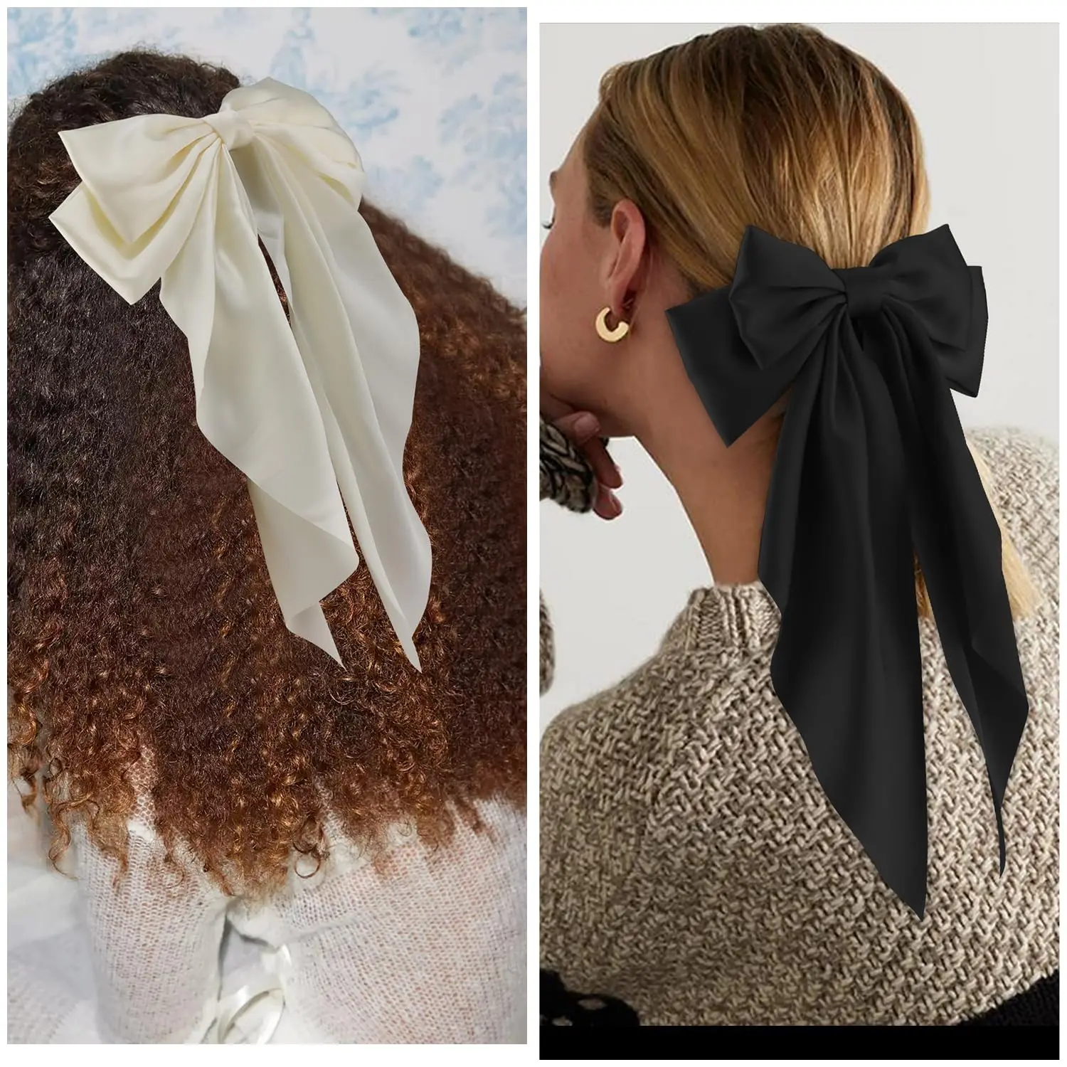 Oversized Long Tail Satin Hair Bows, 2 Pieces Silky Hair Ribbon Barrettes with Metal Clips, Big Bowknot Hair Clips, Stylish Aesthetic Hair Accessories for Women, Multiple Colors White Black