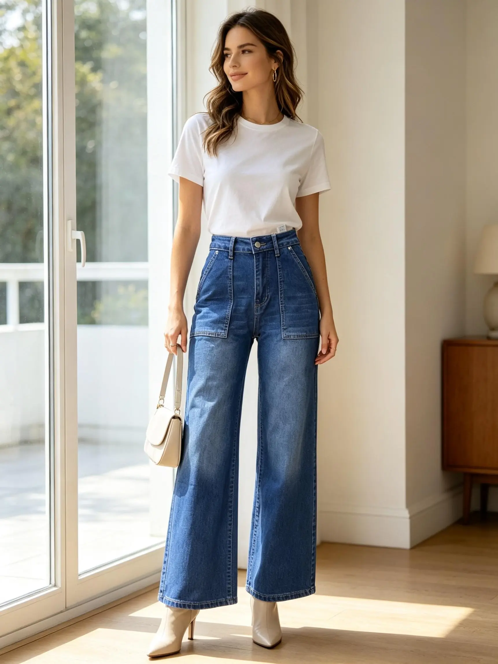 Women’s High-Rise Medium Blue Wash Wide Leg Denim Jeans - Front Square Utility Cargo Pockets, Loose Baggy Full-Length Casual Workwear Bottoms for Office, Weekend Outings - Basic Minimalist Womenswear