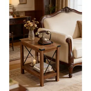 2-Tier End Table, Farmhouse Side Table with Storage Shelf, Nightstand for Small Spaces, Modern Accent Furniture for Bedroom, Living Room, Compact Easy Assembly Side Table with Bottom Shelf