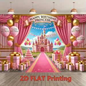 1pc 2D Flat Polyester Shimmer Wall Backdrop - Pink Princess Castle Happy Birthday Banner with Golden Accents, Balloons, Gifts, for Indoor Celebrations, Studio Props