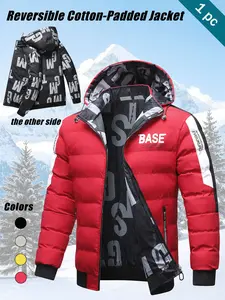 Men's Reversible Hooded Cotton Fitted Jacket, Thickened Warm Coat with Detachable Hat, Trendy Print, Multiple Colors Available, Outerwear
