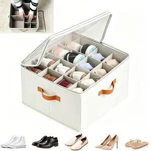 Shoe Organizer for Closet Fabric Shoe StorageBoxes with Clear Cover,Adjustable Compartments Organizerwith Sturdy Handles, Foldable Closet Bin Fits 8-16 Pairs Cozy Home Living
