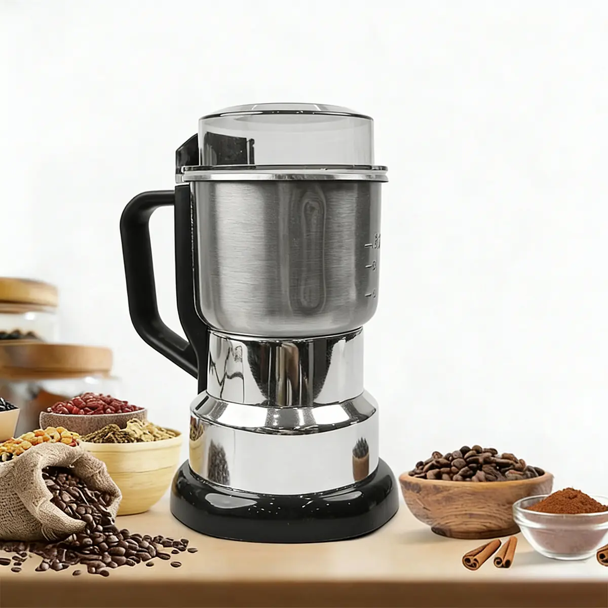 Electric Coffee Grinder Multifunctional Coffee Bean SpiceBeans Vanilla Stainless Steel Mixer 300W High PowerCrusher coffee grinder Electric Coffee Stainless SteelMeasuring Pitcher with Lid Espresso Distribution Tool withStand fast grind