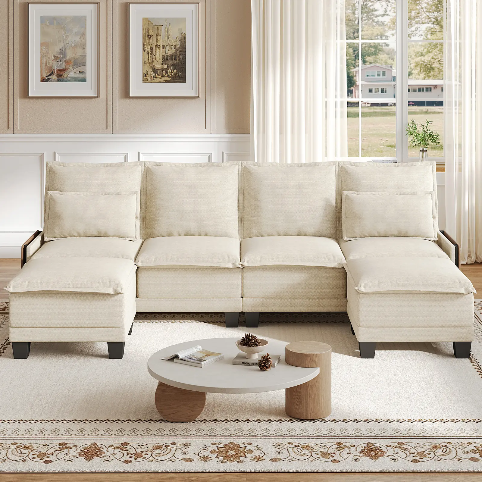 Copiae 122" Waterproof Chenille U-shaped Sectional Couch Set, 4-Seat Modular Upholstered Indoor Lounge Furniture With Collapsible Table, Moveable Ottomans, Easy Assembly - Modern Sofas Couches