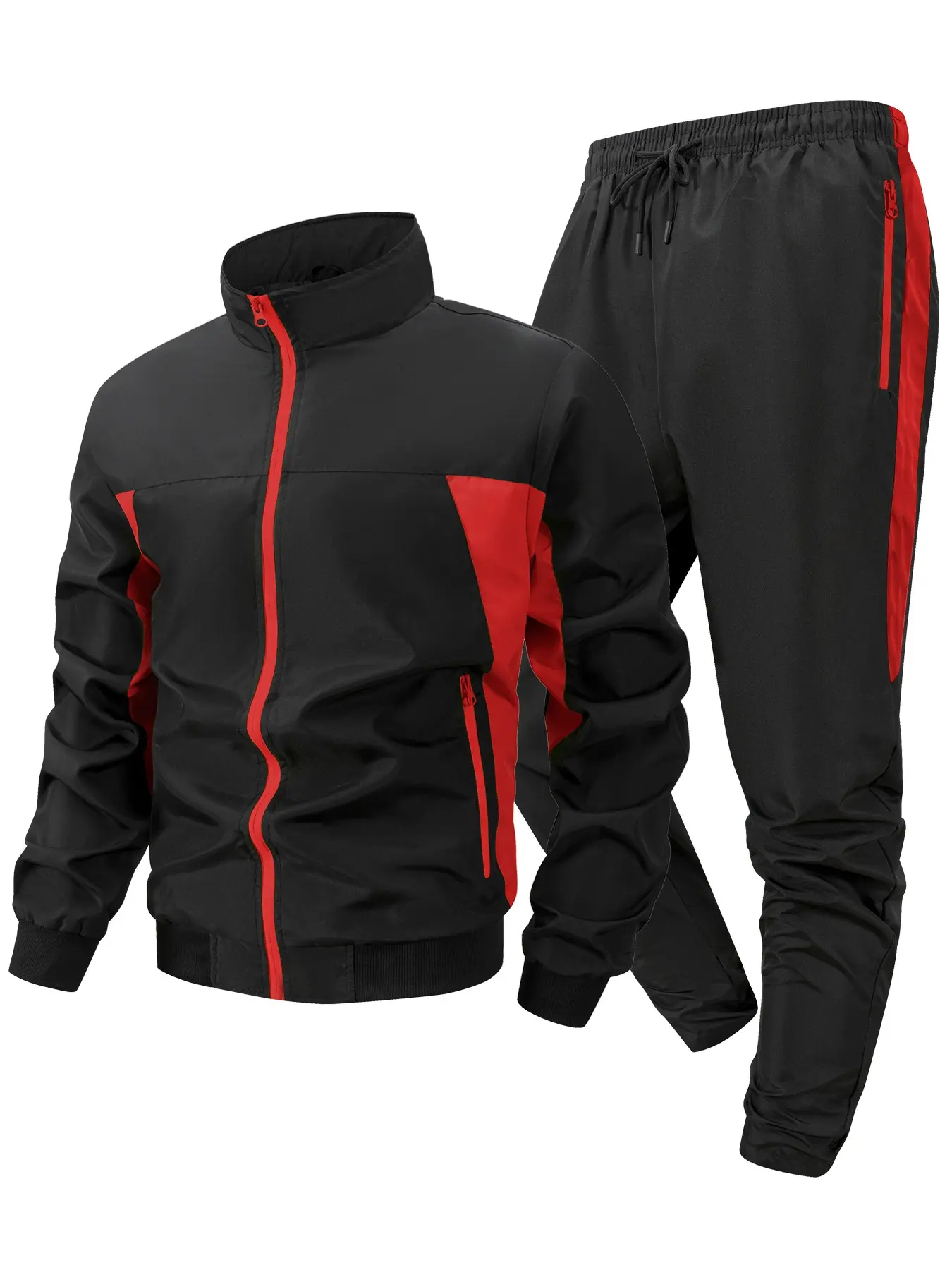 Men's Colorblock Patchwork Sports Training Tracksuit Set, Athletic Clothing Set, Sports Activewear Set, Spring & Fall Quick-Dry Breathable Athletic Set, Windproof Stand Collar Jacket + Drawstring Elastic Waist Pants with Zipper Pockets