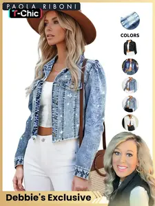 [Debbie's Exclusive] High Elasticity Denim Jacket with Fitted Design, Collared, Casual Plain Pattern Basic Ripped Style for All Seasons, Long Sleeve Women's Outerwear Coats, Womenswear
