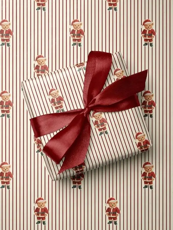 Santa Bear Wrapping Paper, Classic Red Stripe Christmas Gift Wrap Roll
