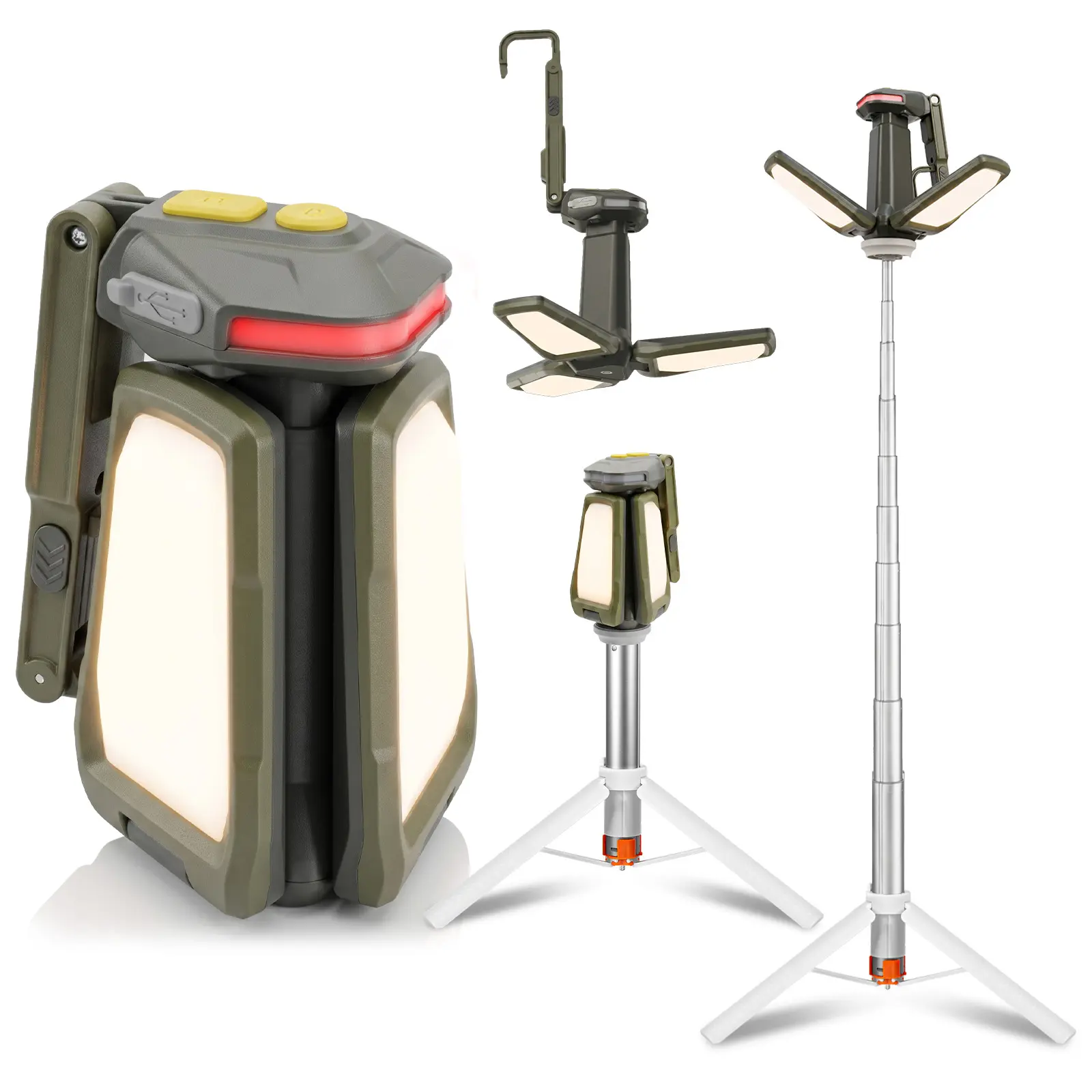 Tactical Rechargeable Camping Light with 4.5ft Adjustable Tripod, 3-in-1 Outdoor Lantern with 3 Lamp Heads, 2000LM, Magnetic Base, IP54 Waterproof, Includes Rechargeable Battery Cells, 12 Months