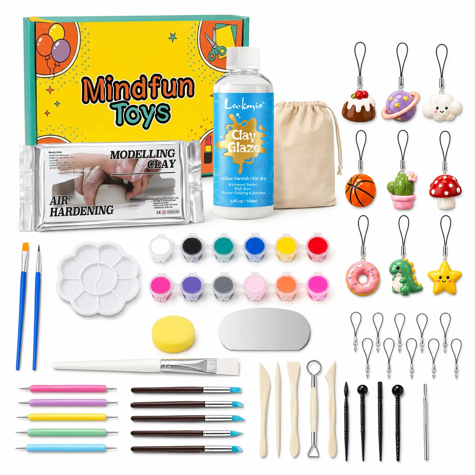 Air Dry Polymer Clay Pottery Kit for Adult Beginners, Complete DIY Craft Set with Sculpting Tools, Acrylic Paints, Brushes, Clay Glaze Varnish and Keychain Making Supplies for Home Hobby Activities