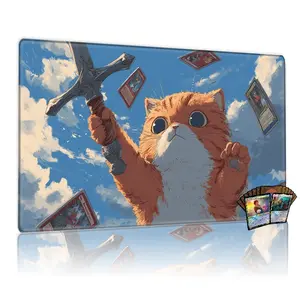 TCG, MTG, CCG RPG trading card game MATS, heroic orange cat wielding sword, floating collectible cards, vibrant blue sky artwork, anti-slip, smooth surface, desk decor, game accessory, Gaming Mousepad