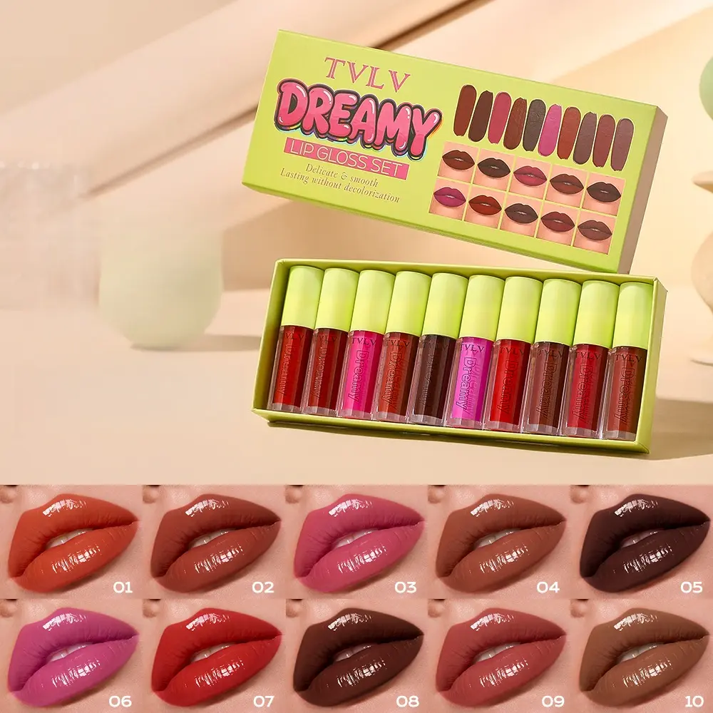 Waterproof Lip Gloss Set 10pcs, Long-Lasting Non-Sticky Lip Color, Radiant Finish, Rich Colors, Shiny Crystal Glass Lips, Perfect for Multiple Looks