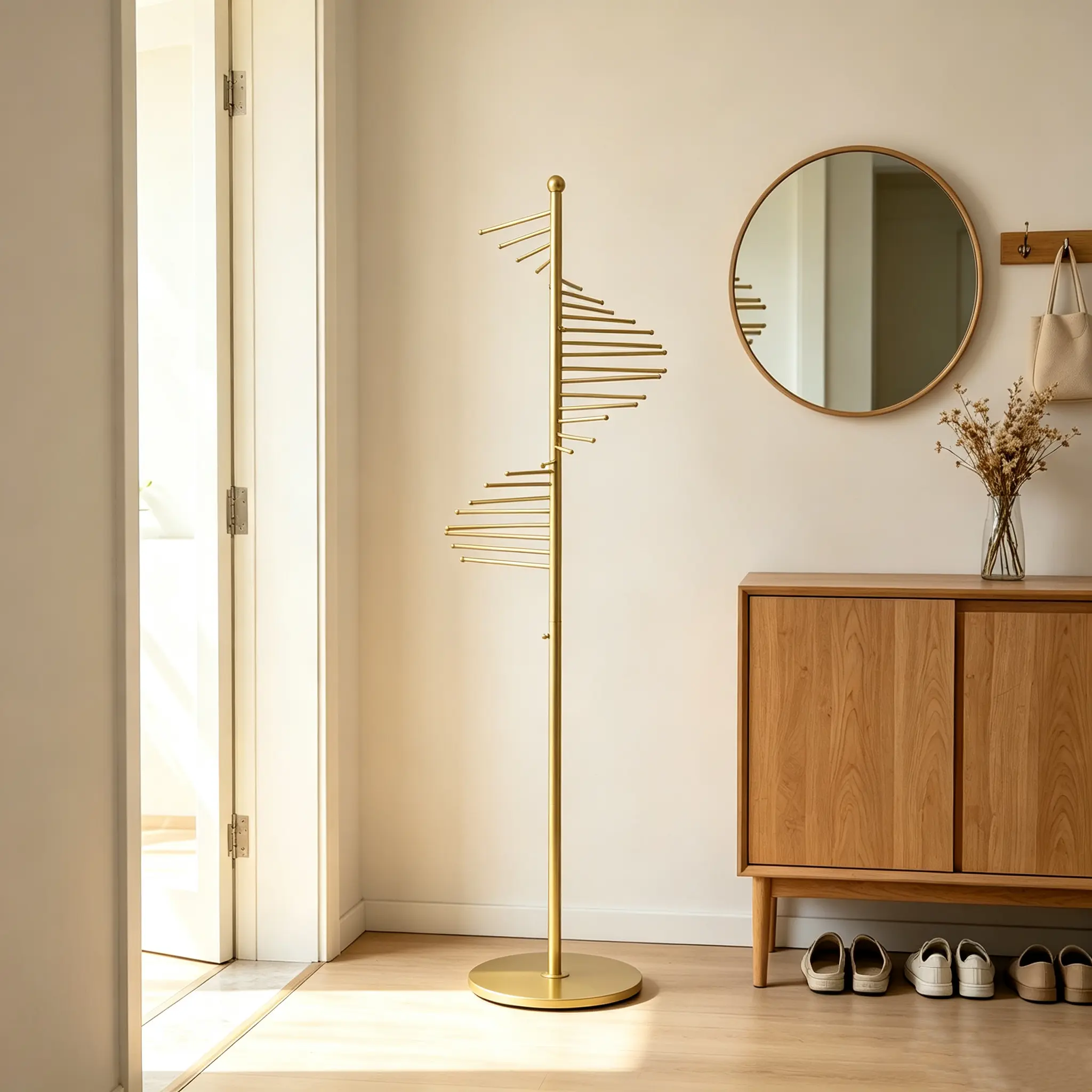 CNCEST Sturdy Modernism Floor-Mount Gold Spiral Multi-Perched Hanging Coat Rack, 5.58ft Height, 16.54in Base, Baking-Paint Iron, Space-Saving Vertical Storage, Easy to Assemble & Clean, Ideal for Scarves, Hats, Jewelry in Apartments, Utility Rooms