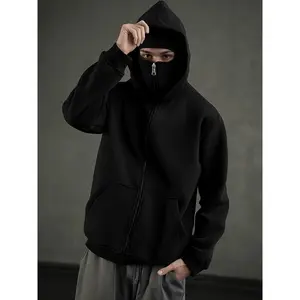 Men's Balaclava hoodie, two-hooded zip-up jacket with lint inside, warm and comfortable, men's windproof streetwear full zip-up jumper hoodie with front zip sealer washable winter hoodie gym wear sporty style comfortable material