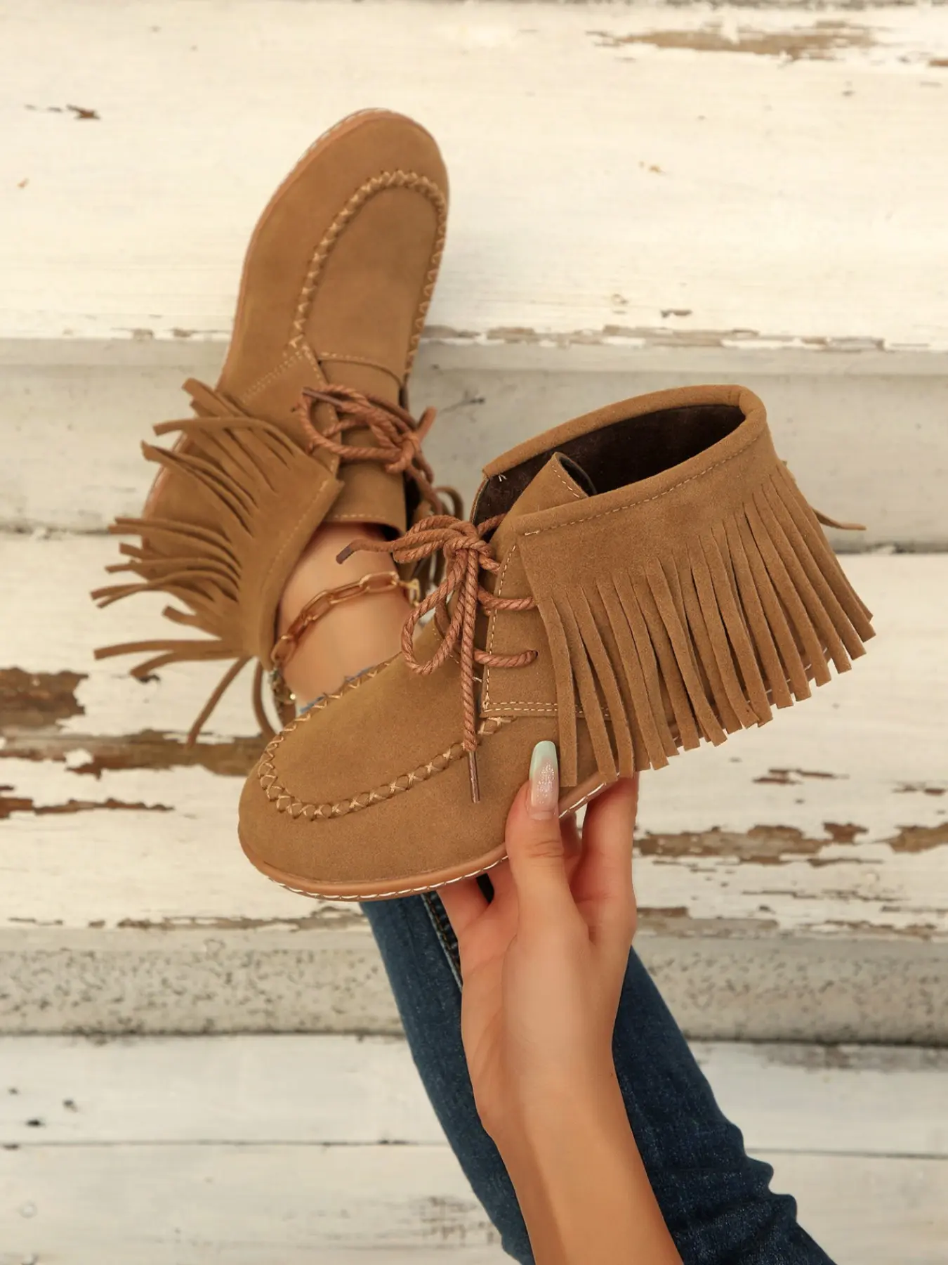 Women's Retro Fringe Short Boots, Lace-Up Design, Round Toe, Flat Heel, Casual Style, All Match Boots, Comfortable Soft Sole, Fall Winter Fashion