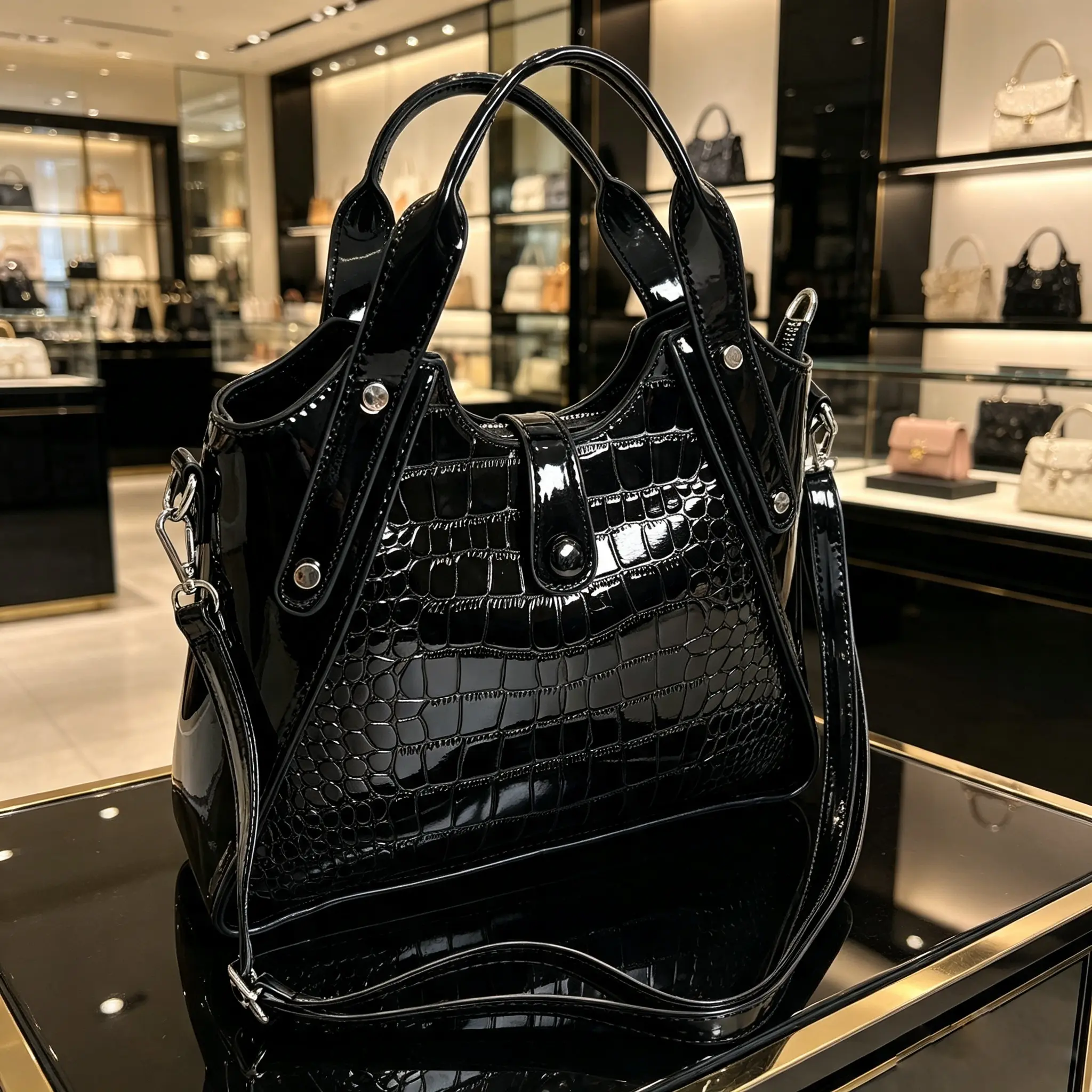 Women's Classic Black Retro Rectangular Handbag - Large-Capacity Light-Luxury Mini Tote, Plain Casual Multi-Pocket Zip Purse for Daily Commute & Shopping, High-Appearance Gift for Friends