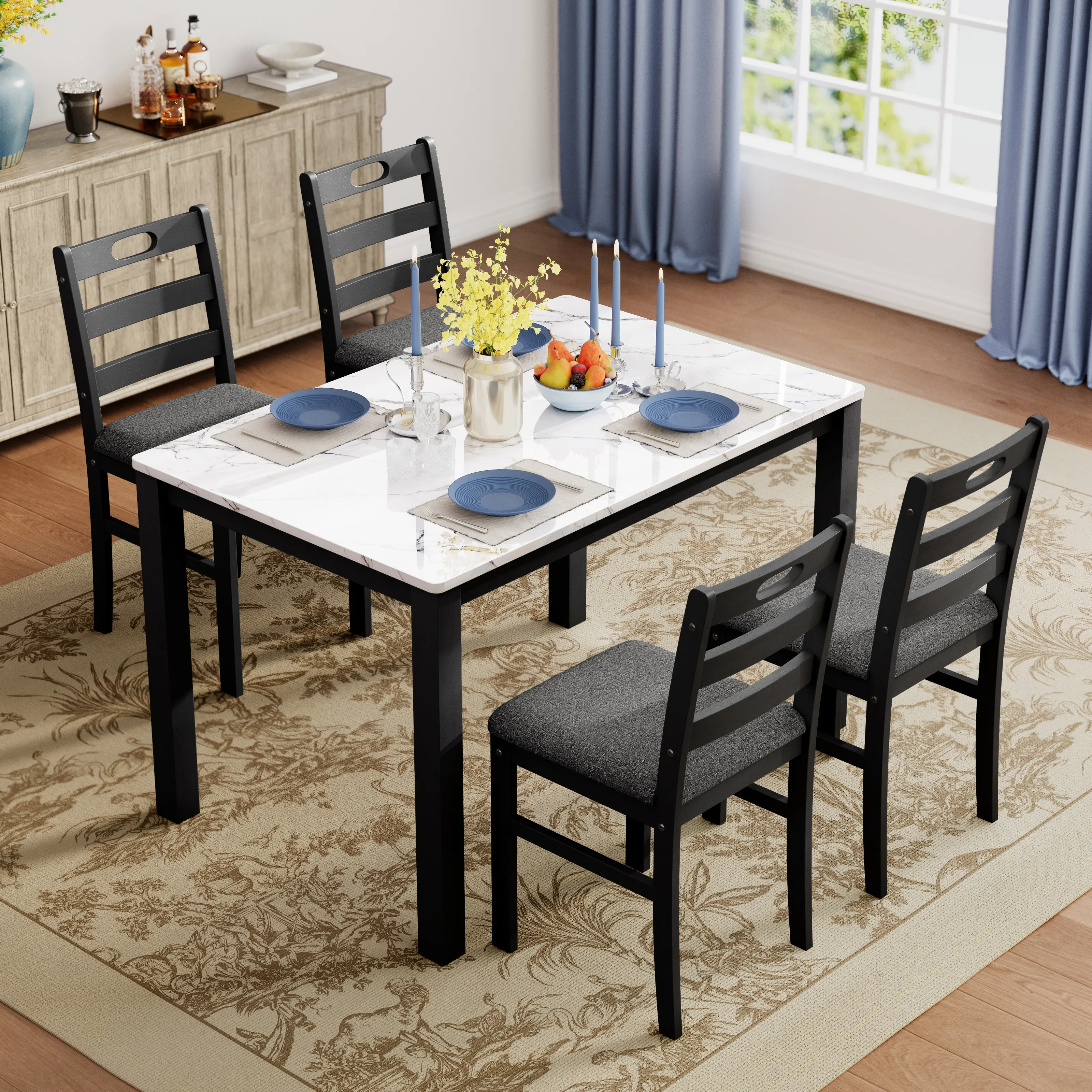 PHIVILLA 5 Piece Dining Table Set for 4, Faux Marble or Solid Rubberwood Tabletop, Cushioned Option Available, Kitchen Dining Table for Small Spaces, Apartment, Easy Clean, Durable, Farmhouse Style