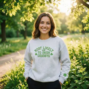 Embroidered Irish Goodbye Sweatshirt, Funny St Patricks Day Crewneck Sweater, Most Likely To Irish Goodbye Shirt, Lucky Shamrock Party Outfit Casual Long Sleeve