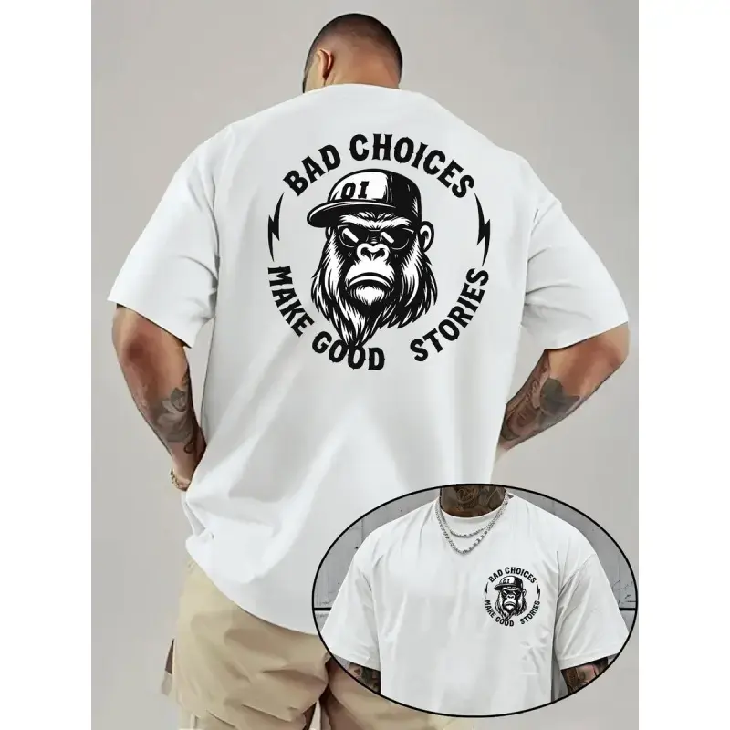Men's Vintage Retro Heavy Cotton Short-Sleeve Gorilla Print T-Shirt - Oversized Round Neck, Front Back Print, Street Vibe Casual Gym Menswear Top, Bad Choices Make Good Stories, Stiff Shape, Crew Neck, Graphic, Loose-Fitting