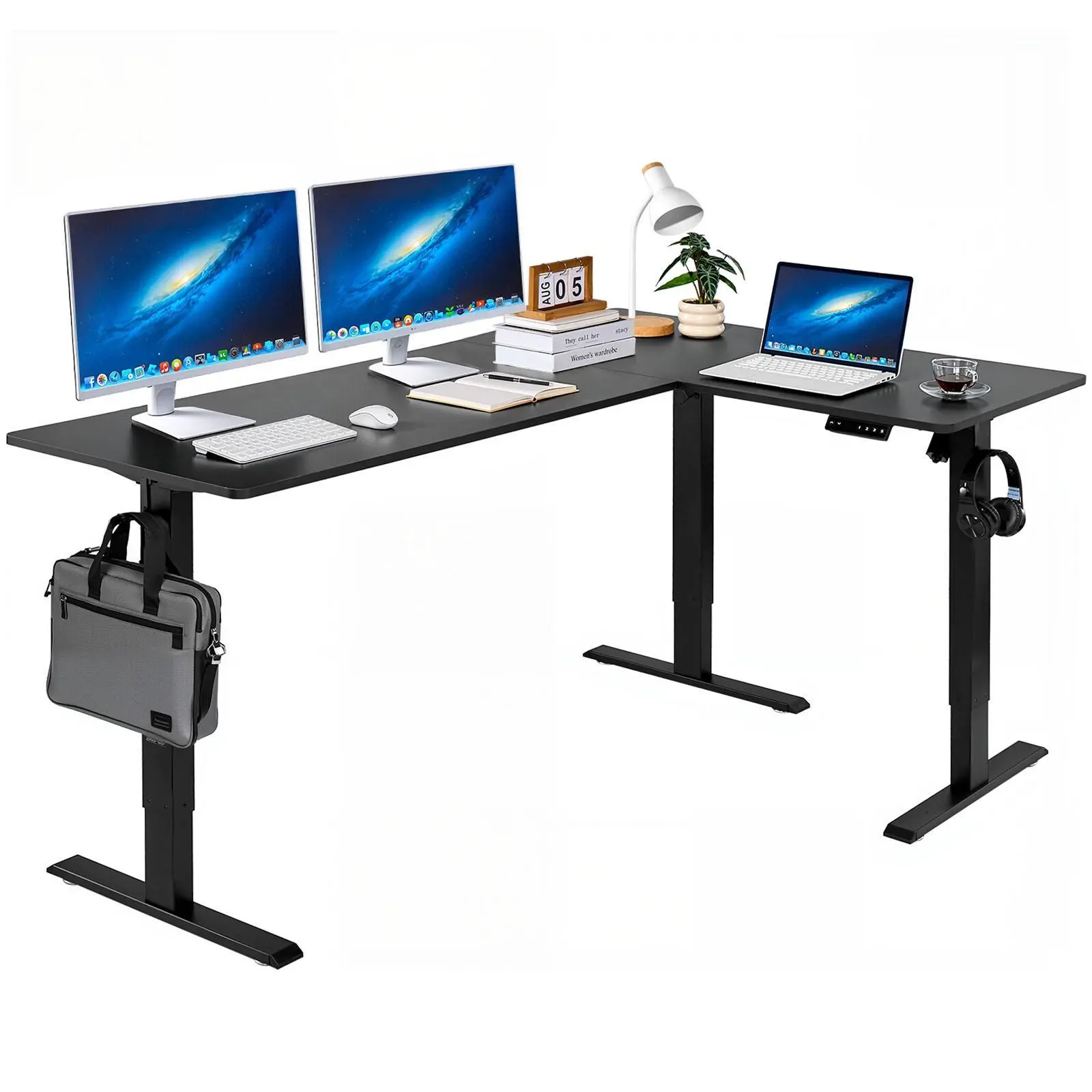 VEVOR Modern Electric Adjustable Height L-Shaped Gaming Desk, Heavy-Duty Carbon Steel Corner Computer Table with Power Outlets & Dual Hooks, Easy-Assembly for Home/Office WFH Setup, Black#SohoChic