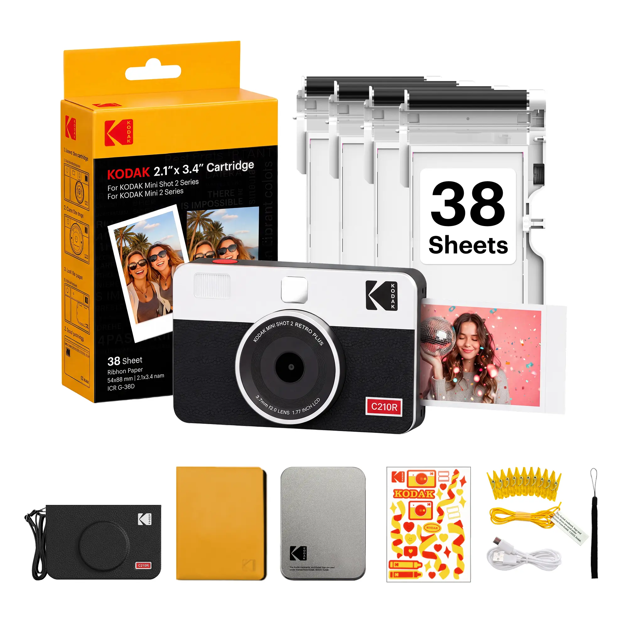 KODAK Mini Shot 2 Retro 2x3” Instant Digital Camera & Photo Printer, 38 Sheets Gift Bundle, 2-in-1 Portable Print Camera, Bluetooth Smartphone Printer for iPhone & Android, 4PASS Dye Sublimation