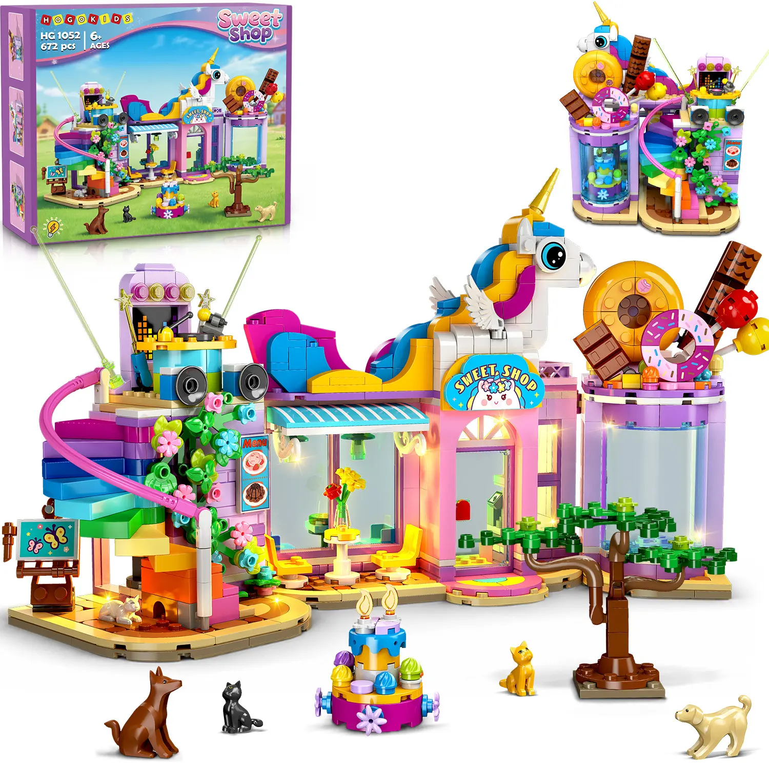 HOGOKIDS Girls Dessert Shop Building Toy with LED & Animals for Kids 6-12+ | Friends Candy Store Building Set for Role Play, Foldable Pretend Play Set with 3 Display Modes, Birthday Gift for Girls Boys