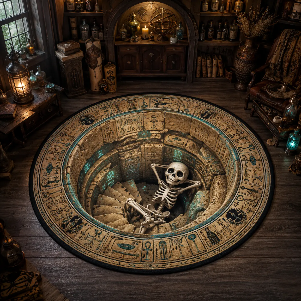 3D Egyptian Skeleton Stairwell Round Rug, Ancient Hieroglyphic Optical Illusion Area Rug, Mystic Tomb Abyss Floor Mat for Living Room, Bedroom & Halloween Decor