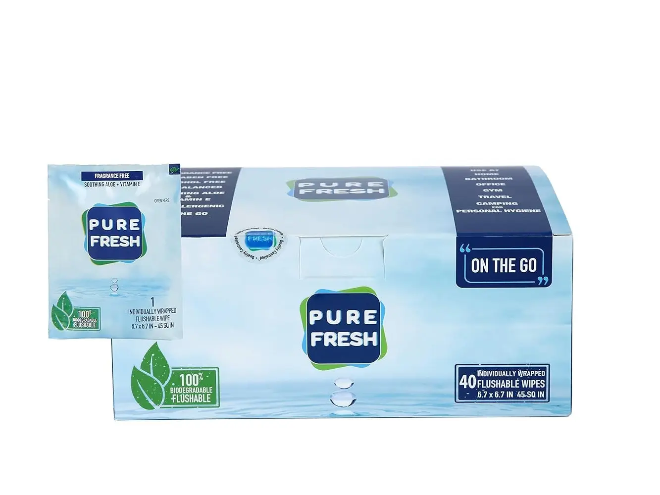 Flushable Individually Wrapped Wipes – 40 Travel Singles | Flushable Personal Care Wipes for Hands, Face & Body, Toilet | Moisturizing & Gentle Aloe + Chamomile Care