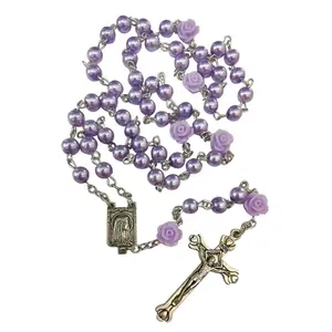Fashion Religious Beaded Necklace Glass Cross Pendant Rose Flower Clavicle Chain Christian Prayer Necklace Jewelry Gift