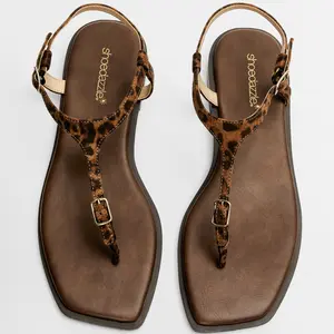 JUSTFAB Women's Leopard Print Thong Sandals with Adjustable Buckles Soft PU Footbed Square Toe Non-slip Summer Casual Walking Shoes  for Beach Vacation