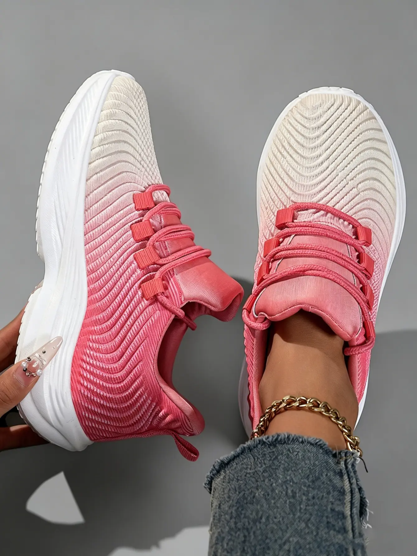 Women's Gradient Colors Knit Wide-Fit Ankle Slip-On Sneakers - Adjustable Elastic Lace Closure, Lightweight Breathable, Rubber Sole Athletic Running Trainers for Walking/Gym - Affordable Sporty Chic Knitted Running Shoes, Wide Shoe Casual Trainers, Knit F