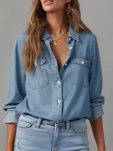 Women's Fashion Chic Denim Shirt Jacket, Western Vintage Washed Single Button Closure, Streetwear Casual Daily Wear, Long Sleeves, All Seasons