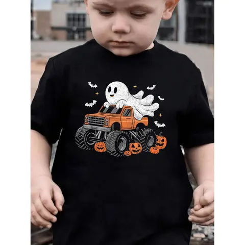 Halloween Summer Boys Cotton T-Shirt with Ghost Cartoon Print Ideal for Outdoor Casual Wear
