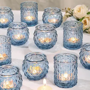 Blue Glass Votive Candle Holders Set of 24 - Round Tea Lights for Wedding, Shower, Party & Gift