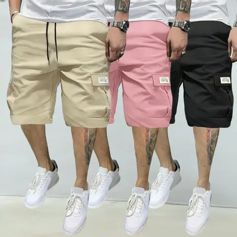 Men’s Loose-Fit 3-Piece Woven Cargo Shorts Set - Wicks Sweat, High-Capacity Angled Pockets, Straight Drawstring Pants, Breathable Fabric, Casual Outdoor Wear for Students