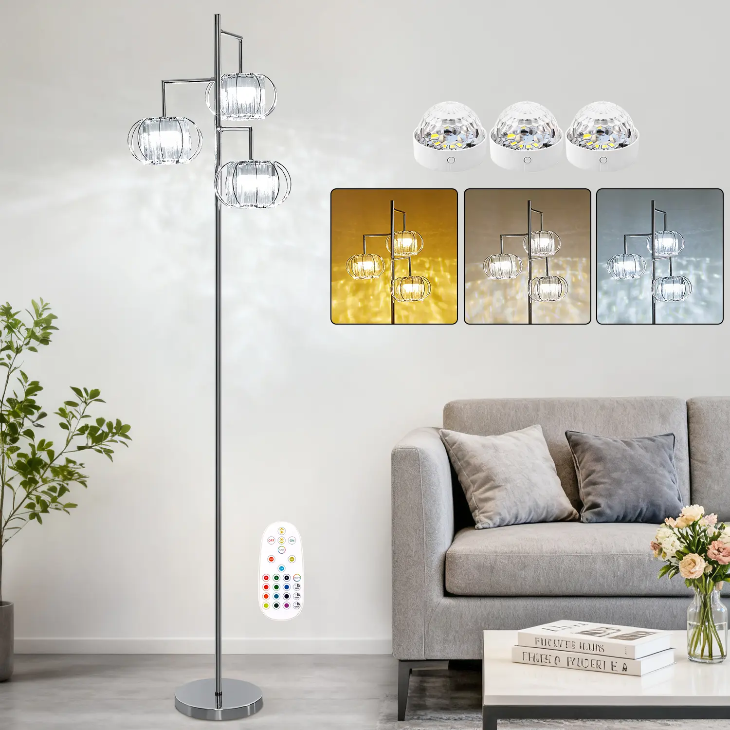 3-Head LED Crystal Floor Lamp with Elegant Crystal Shade, Modern Decorative Corner Lamp for Living Room, Bedroom, Home Accessories, Living Room Decor, Lights for Bedroom, Boujee Home Accessories, Lamps
