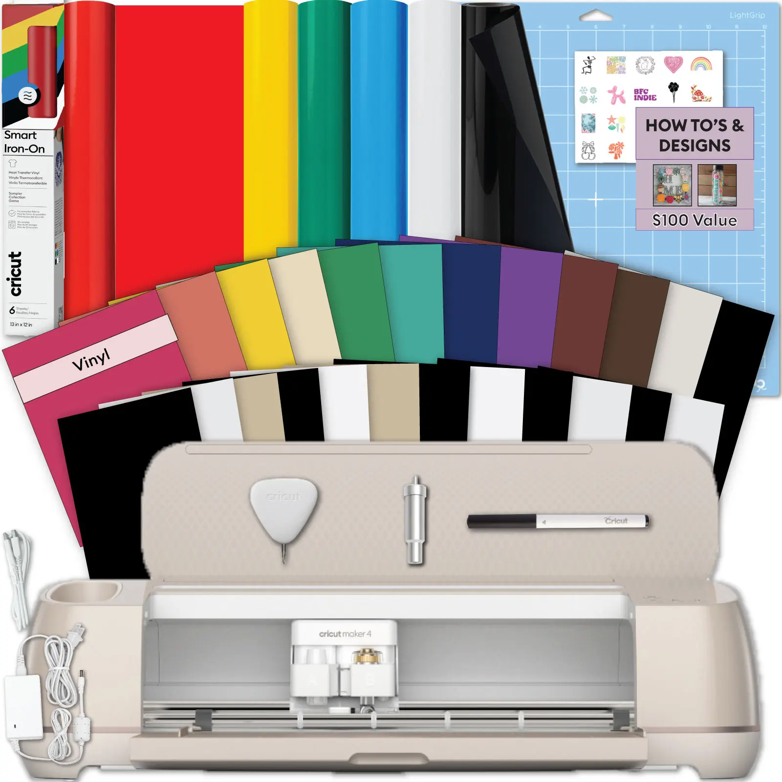 Cricut Maker 4 Machine with Vinyl and Iron-On Bundle - Beginner Friendly Craft Cutting Machine Set with Essential Materials, HTV and Adhesive Vinyl Variety Pack- DIY Decor Projects, Apparel and Decals