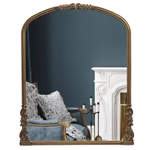 Wylde Iris English Estate Carved Arch Wood Wall Mirror Vintage Style Antique Gold Finish for Entryway Living Room Bathroom