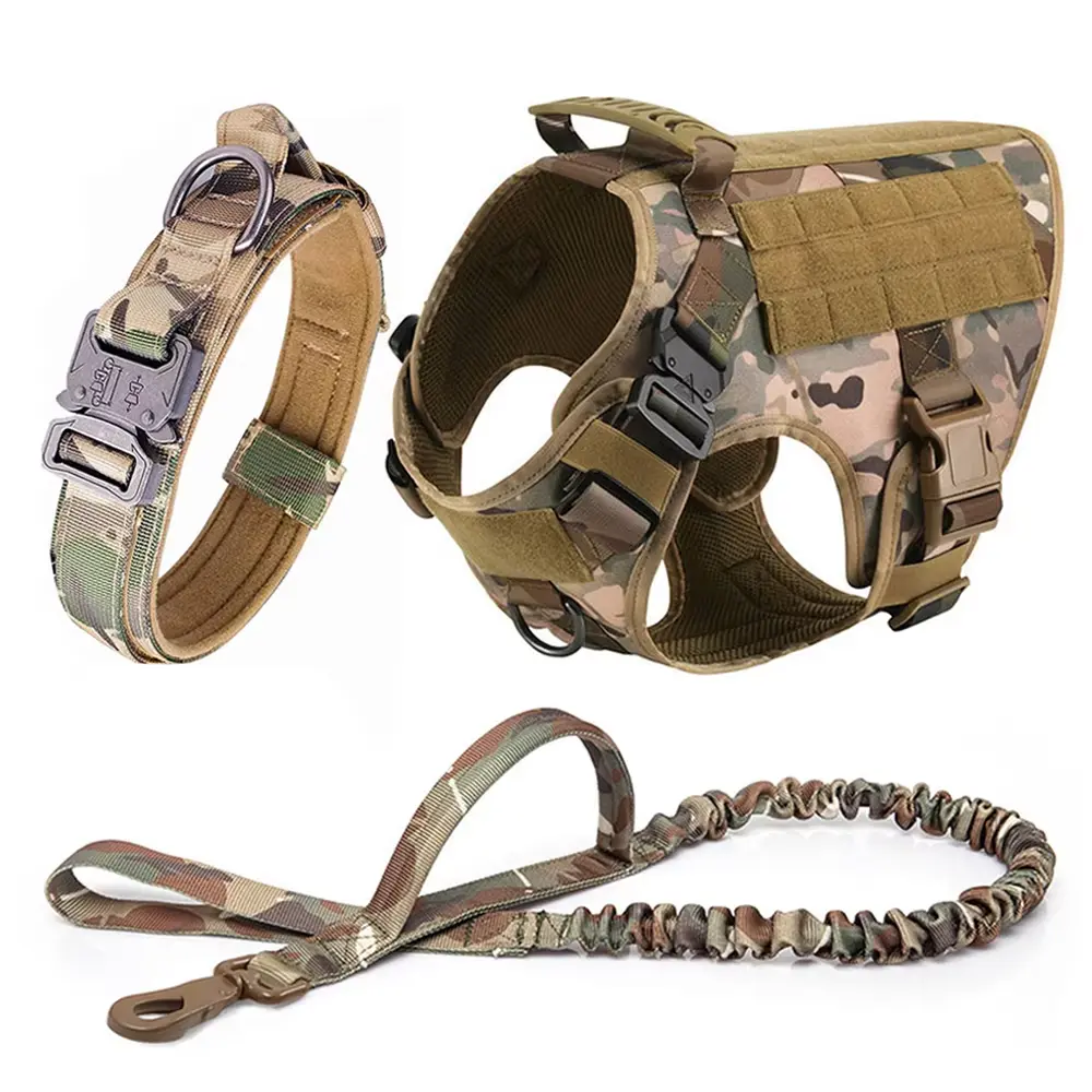 Large Dog Harness & Collar Leash Set Military K9 Tactical Vest for German Shepherd & Medium to Large Dogs Durable Adjustable Camouflage