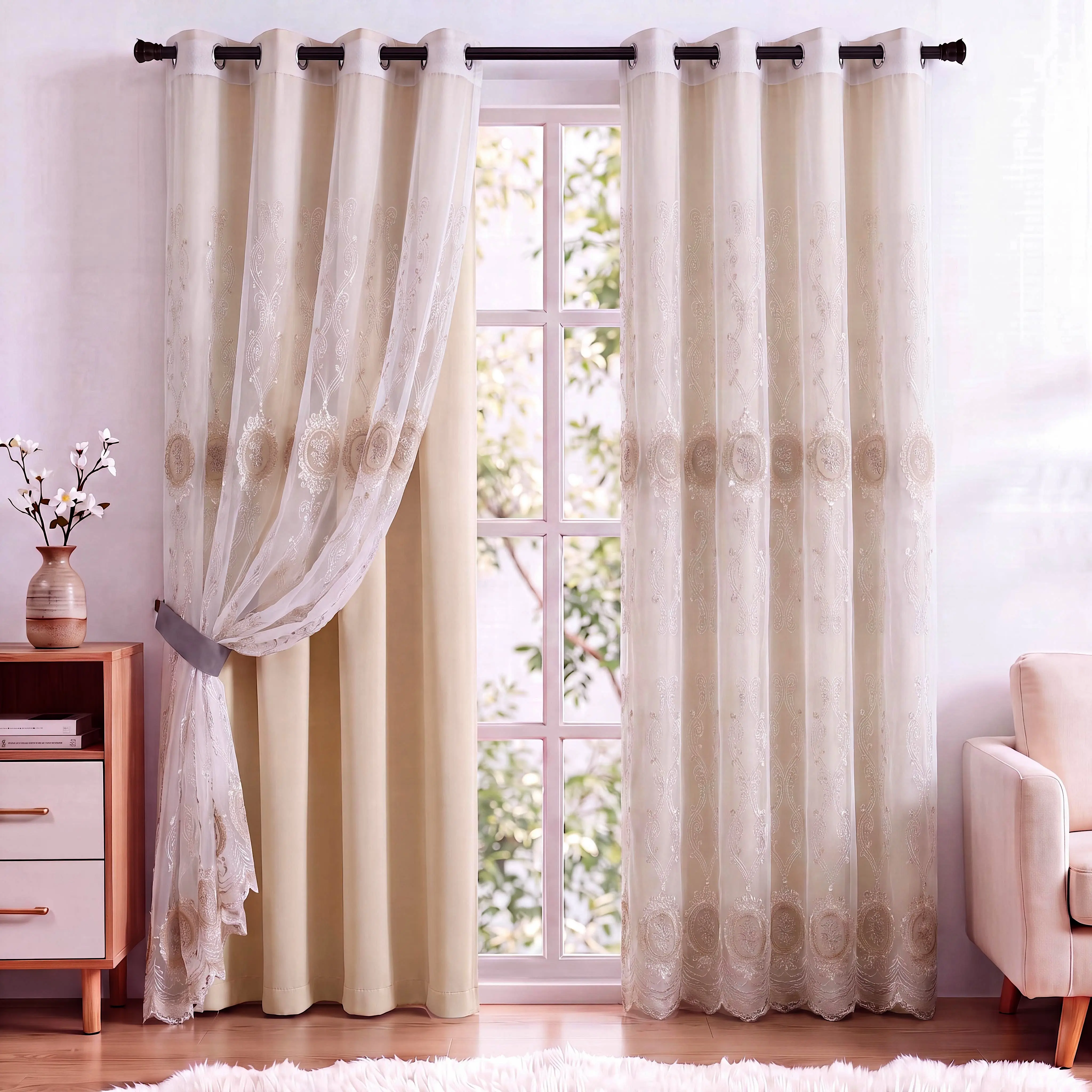 4 Panels Combination Grommets Curtains Including : 2 Panels 52x84 inch : Solid Blackout Curtains & 2 Panels  Luxuary Embroidery and Flocking Curtains  QF222 QF75 noise reduction inganchos cortinas decorative home