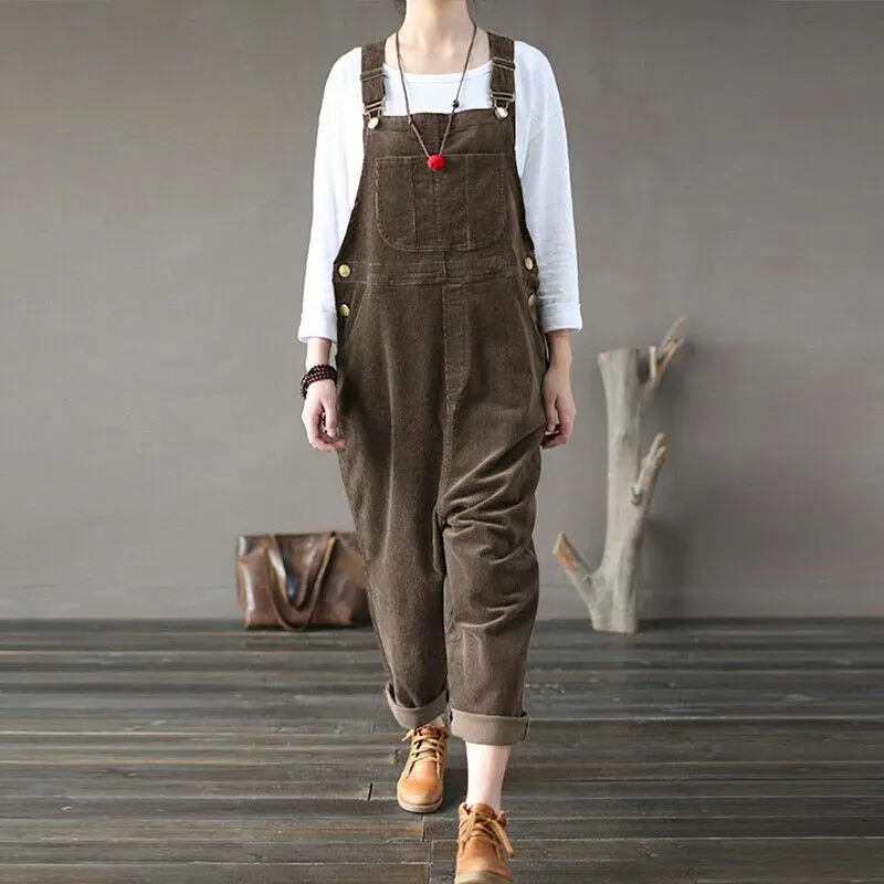 Women's Soft Corduroy Overalls - Loose Barrel Wide-Leg Bib Pants with Adjustable Straps, Buttons, Pockets, Casual Fit, Black Option, Durable Fabric for Outdoor Wear, Strap