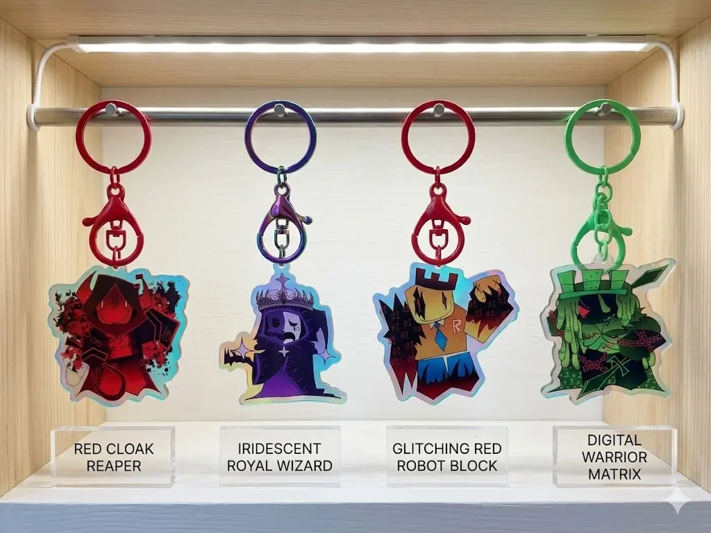 Roblox Forsaken keychain featuring legendary killer and hacker characters: 1x1x1x1, John Doe, C00lkidd, and Noli