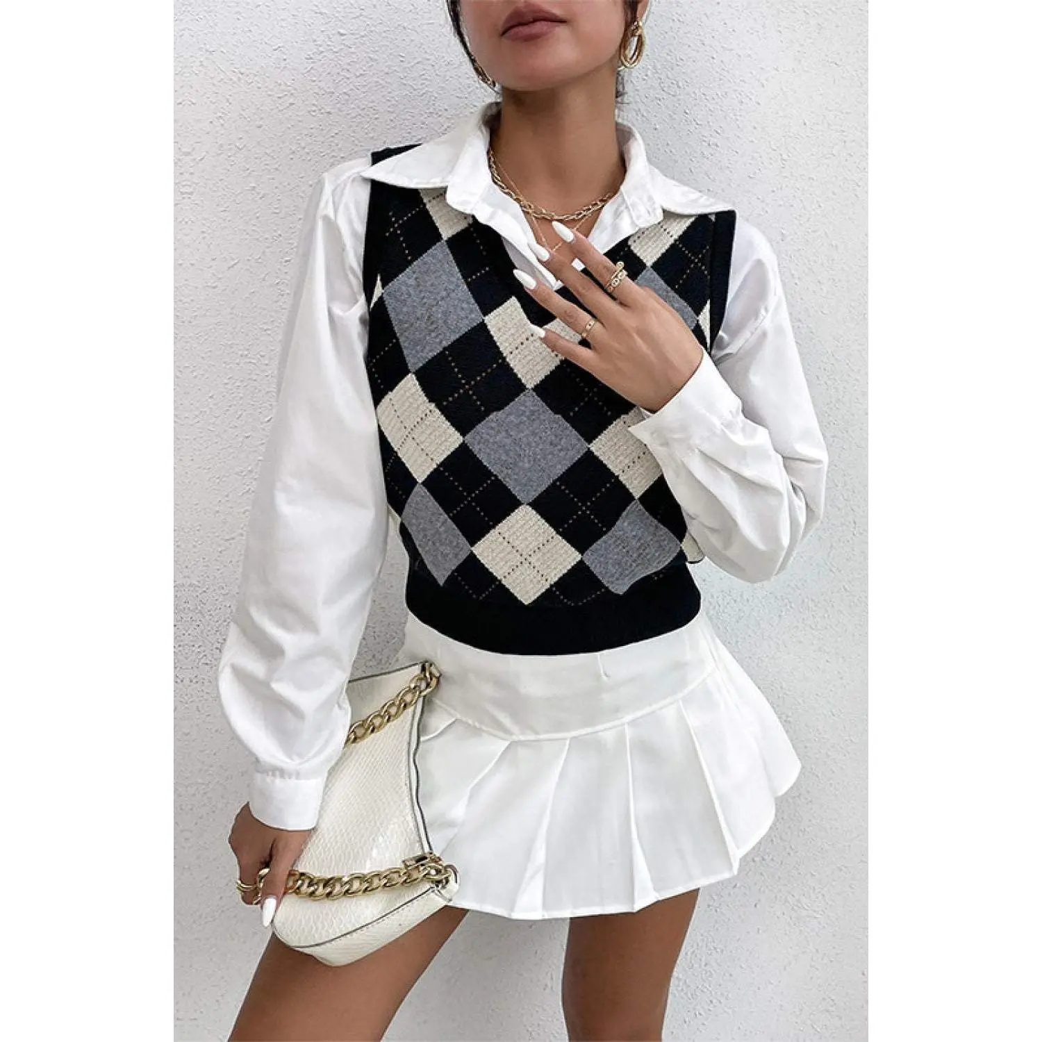 Argyle V-neck Knitted Vest