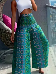 Boho Floral Print Pleated High-Waisted Pants, Casual Versatile Loose-Fitting Culottes, Elastic Waist Long Skirt for All Seasons