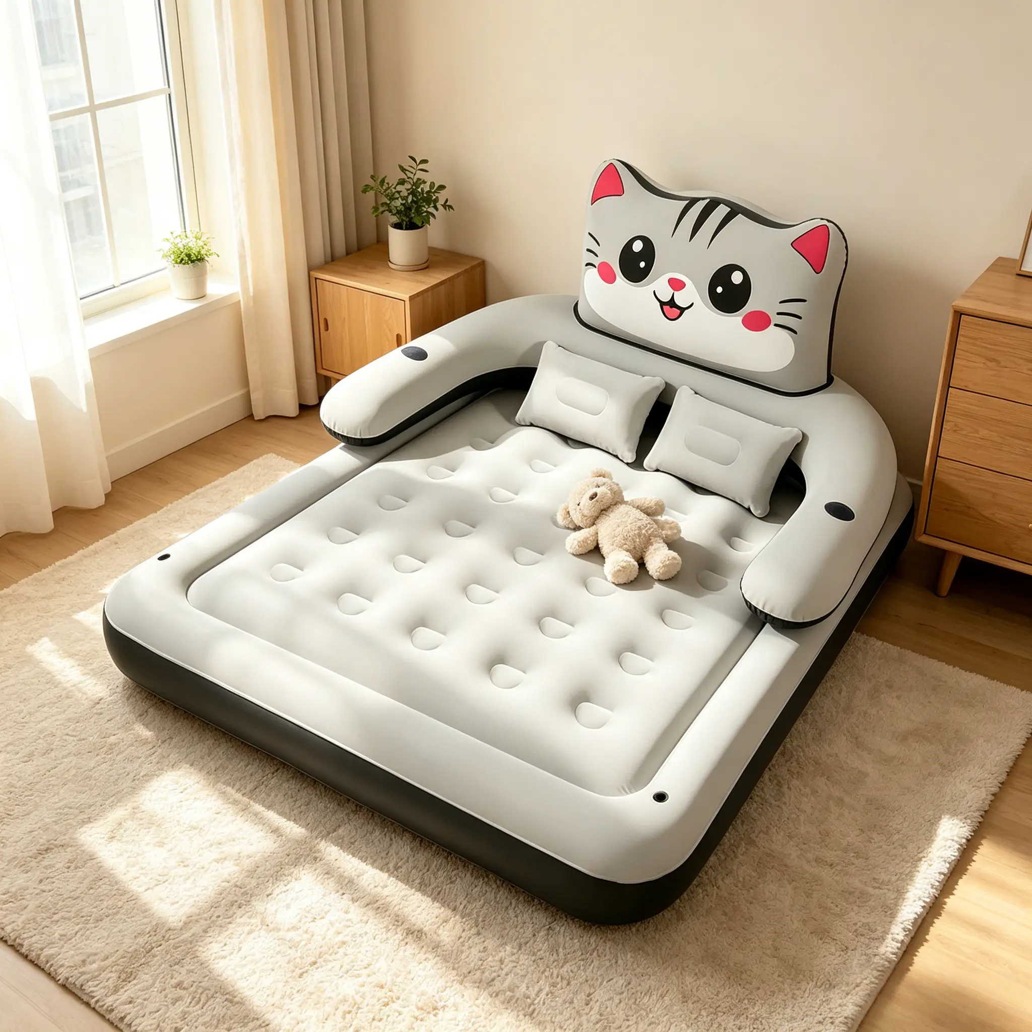 Cute Cat Inflatable Air Mattress with Armrests & Pillows, Fast Inflation & Deflation Flocked Air Bed, Portable Inflatable Mattress for Indoor & Camping, Single/Double Size Optional